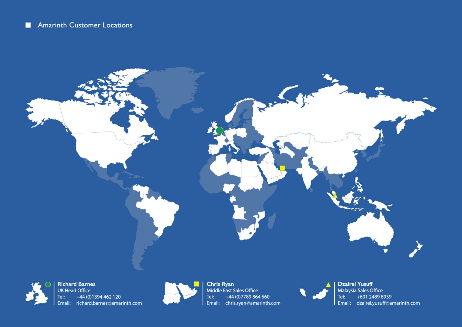 World locations of Amarinth manufacturing operations and clients